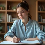 Jeune femme qui prend des notes sur la conjugaison du verbe SER en espagnol dans un cahier, assise à un bureau en bois avec des livres de grammaire en arrière-plan