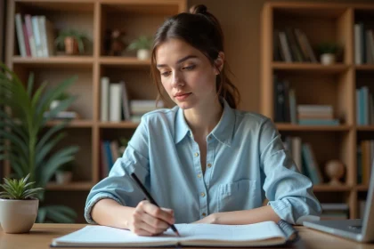 Jeune femme qui prend des notes sur la conjugaison du verbe SER en espagnol dans un cahier, assise à un bureau en bois avec des livres de grammaire en arrière-plan