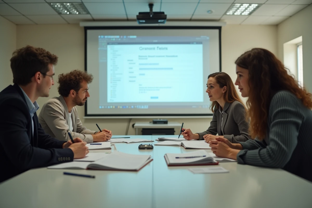 Équipe enseignante réunie en conseil de classe utilisant des documents papier suite à une panne du LSU