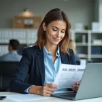 Conseillère Pôle Emploi consultant une fiche métier sur son bureau dans un espace de travail professionnel