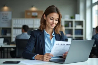 Conseillère Pôle Emploi consultant une fiche métier sur son bureau dans un espace de travail professionnel