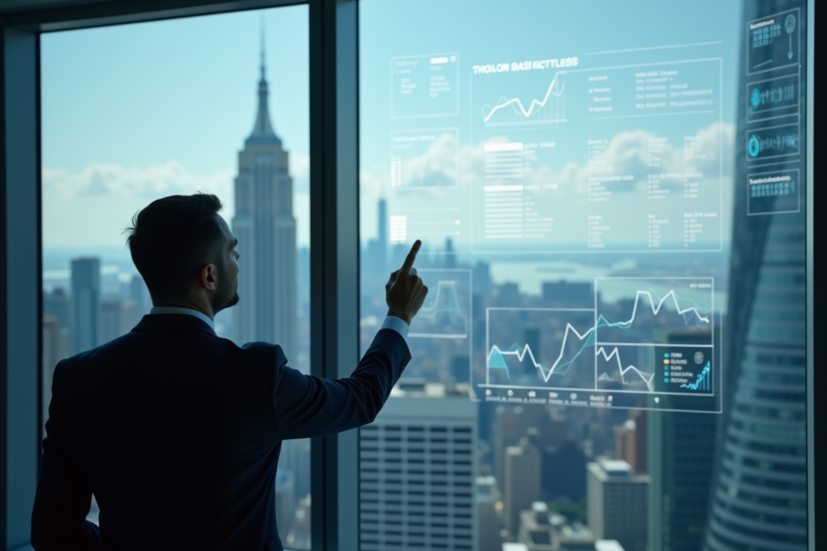 Consultant en silhouette analysant des données dans un bureau en hauteur