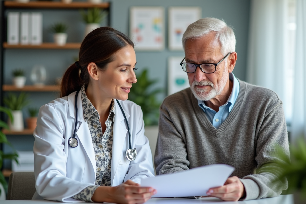 Docteur et patient discutant d un document médical