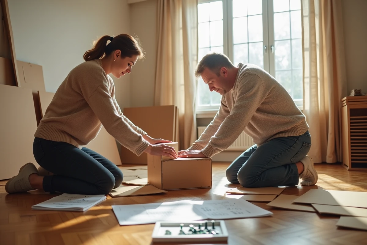 Couple assemblant des meubles en kit ensemble, illustrant l'autonomie acquise grâce aux formations bricolage