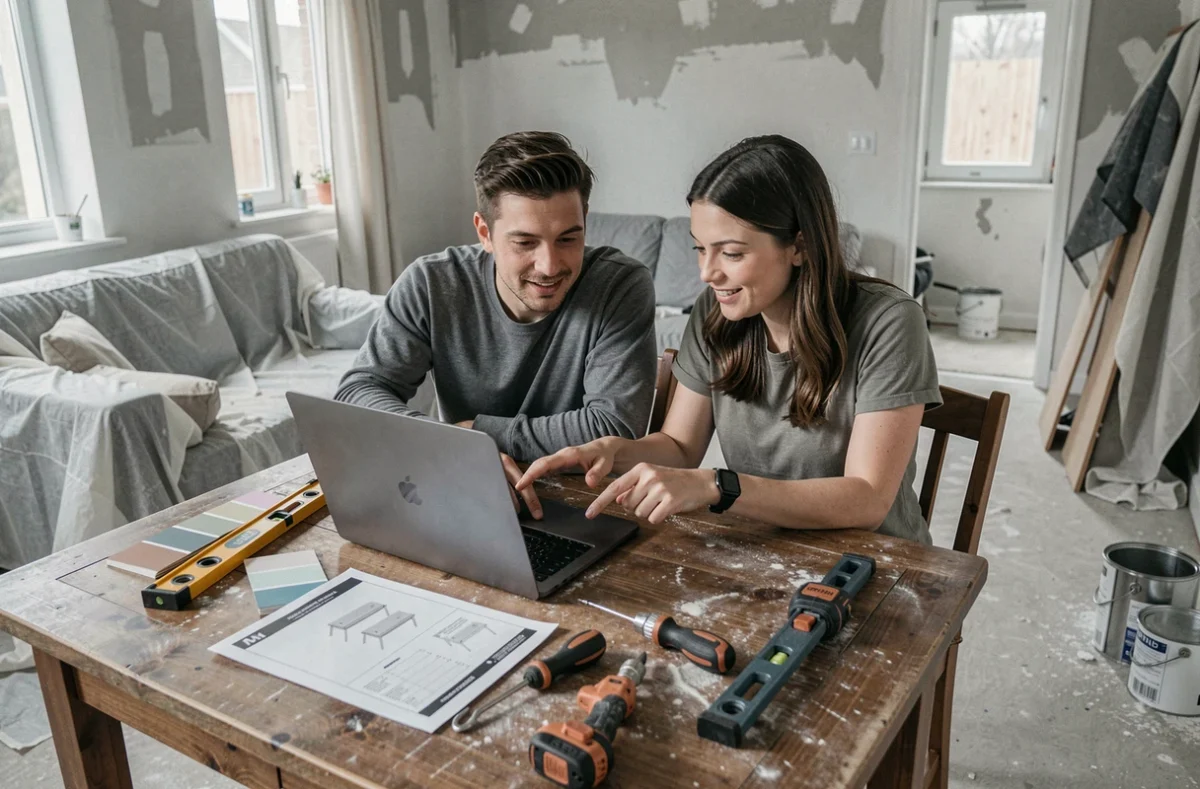 Couple apprenant les techniques de rénovation intérieure ensemble sur un ordinateur portable à domicile