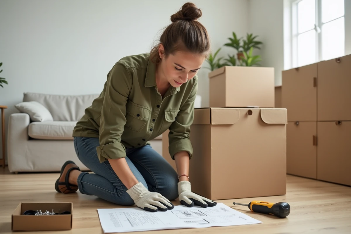 Femme assemblant un meuble en kit sur un parquet clair, utilisant une visseuse sans fil avec gants de protection et notice technique