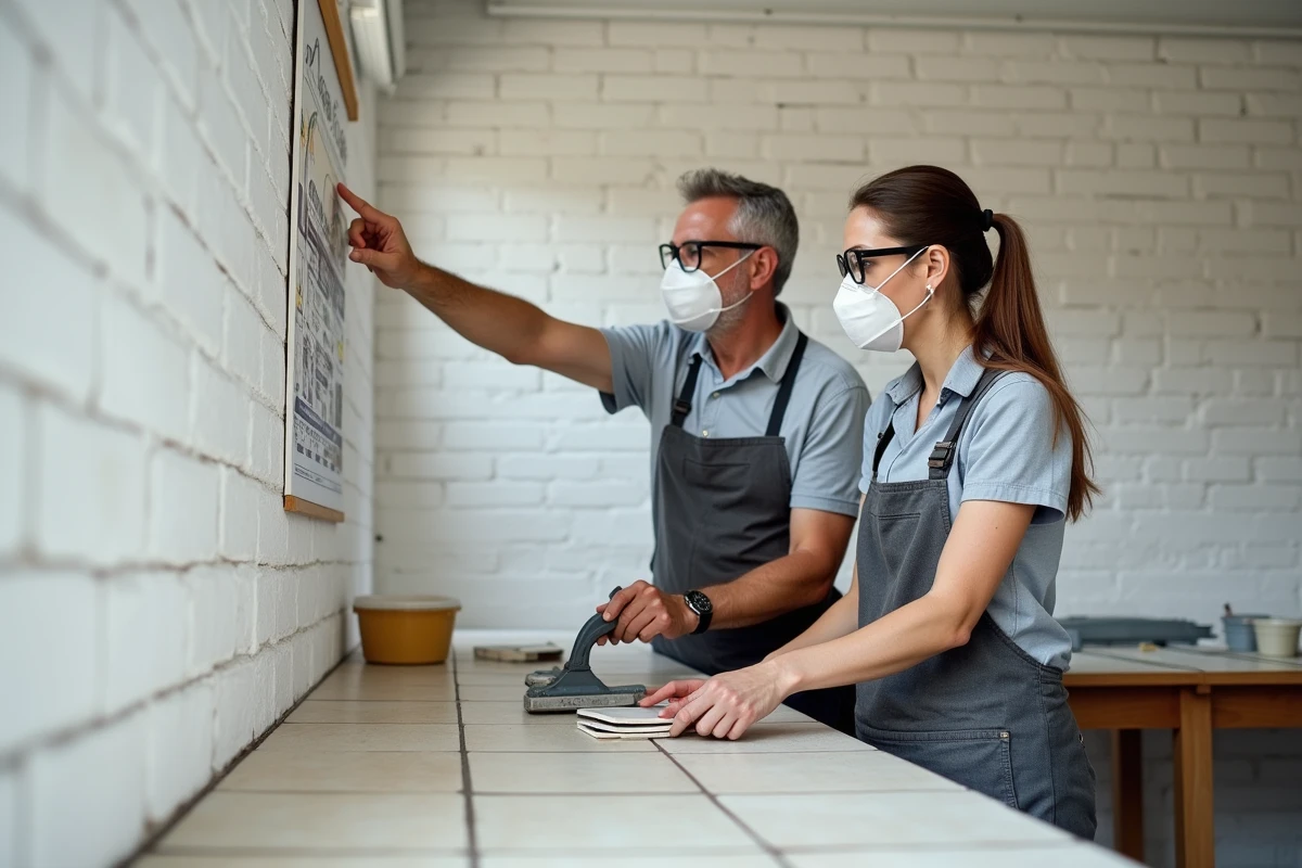 Deux participants à un cours de bricolage professionnel apprenant la découpe de carrelage avec lunettes de sécurité dans un atelier pédagogique