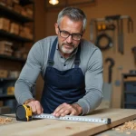 Homme adulte mesurant une planche de bois dans un atelier de bricolage organisé, portant des lunettes de sécurité et un tablier de travail