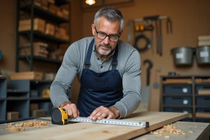 Homme adulte mesurant une planche de bois dans un atelier de bricolage organisé, portant des lunettes de sécurité et un tablier de travail
