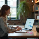 Jeune femme suivant un cours digital de chef de projet web sur ordinateur portable dans un espace de coworking parisien