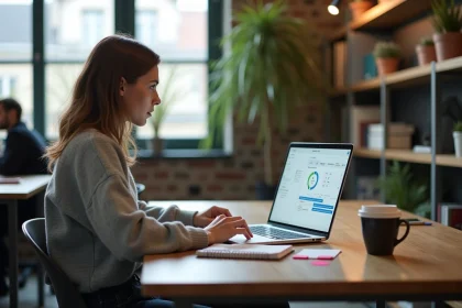 Jeune femme suivant un cours digital de chef de projet web sur ordinateur portable dans un espace de coworking parisien
