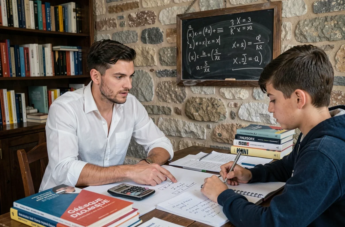 Un professeur particulier de mathématiques donne un cours à un lycéen dans une maison de Gréasque