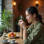 Femme apprenant la photographie smartphone dans un café, tenant son téléphone pour cadrer une composition sur une table en bois