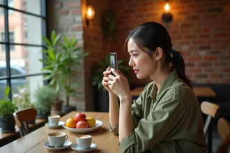 Femme apprenant la photographie smartphone dans un café, tenant son téléphone pour cadrer une composition sur une table en bois