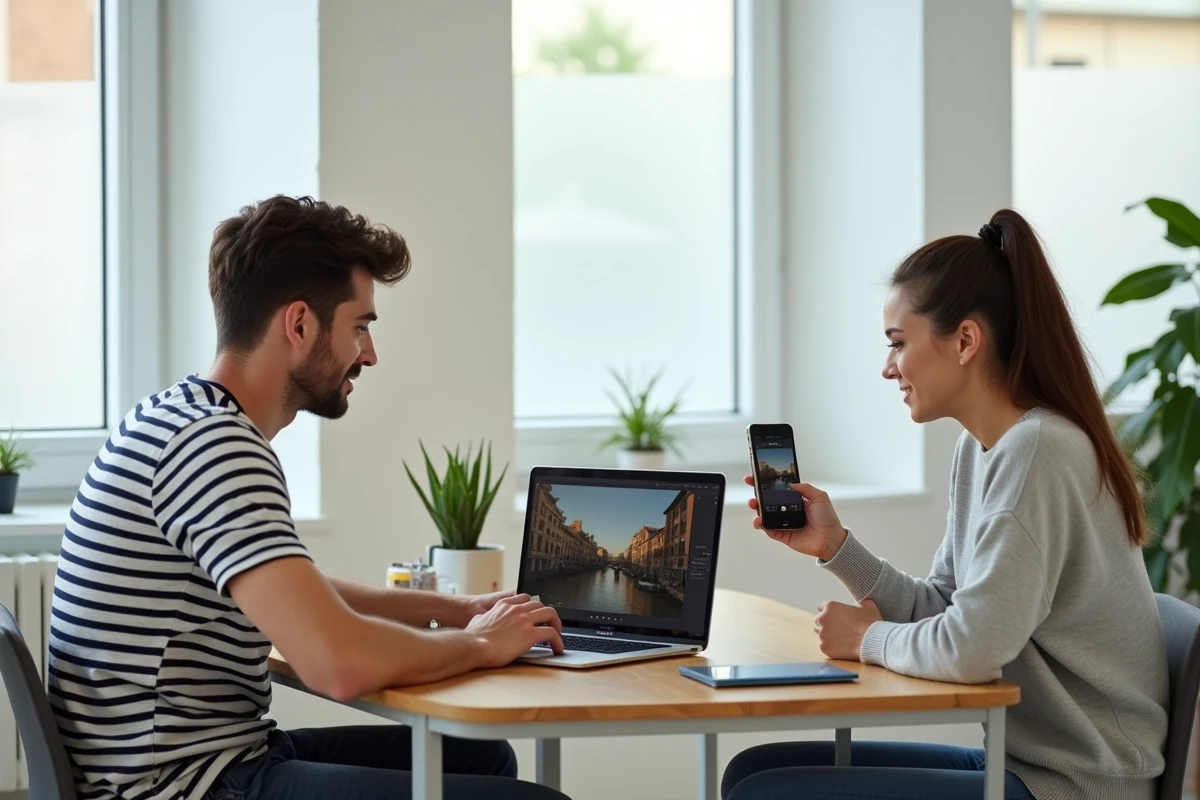 Deux personnes en cours de photographie smartphone, révisant des techniques de composition sur ordinateur portable dans un espace de coworking moderne