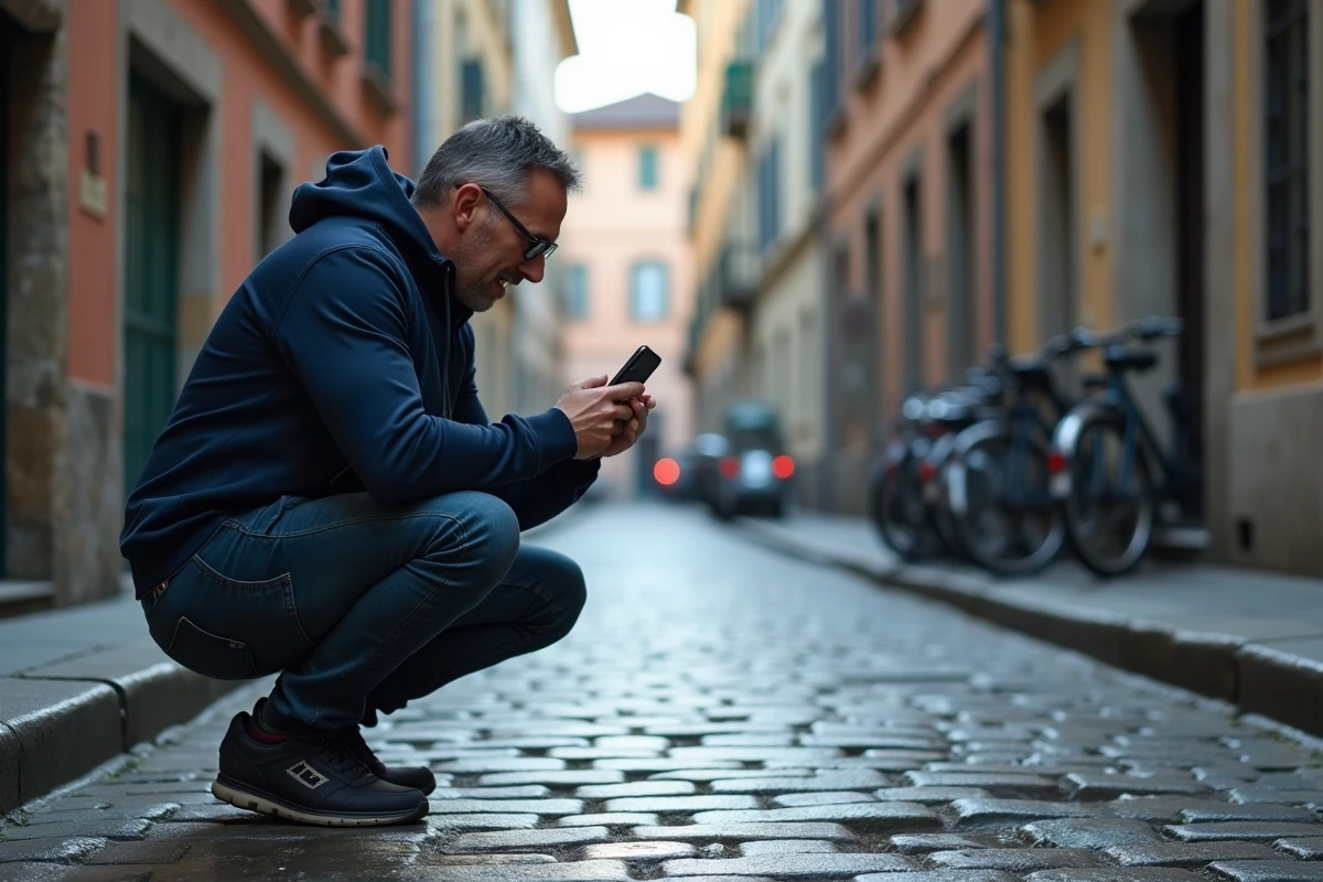 Homme pratiquant la photographie smartphone en extérieur, accroupi sur des pavés mouillés pour capturer un angle bas dans une ruelle européenne