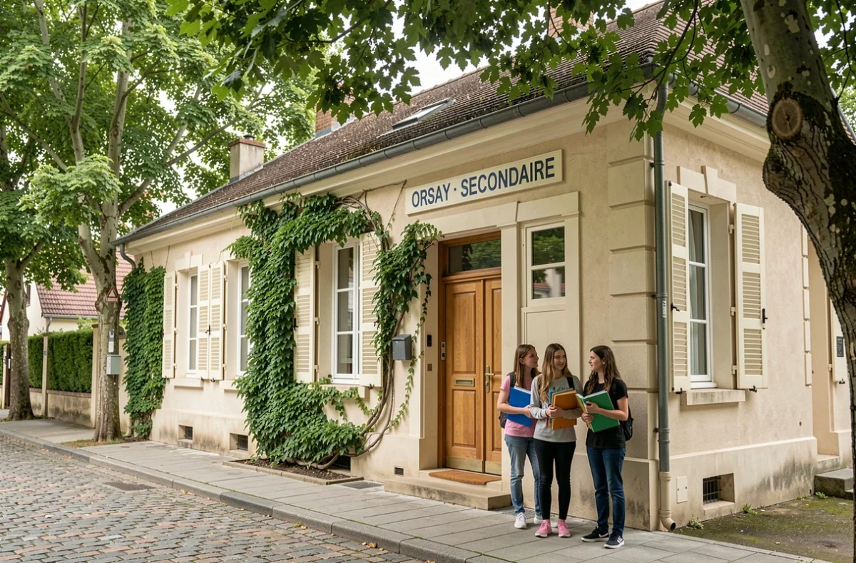 Devanture du Cours Secondaire d'Orsay, petite école privée avec des élèves à l'entrée