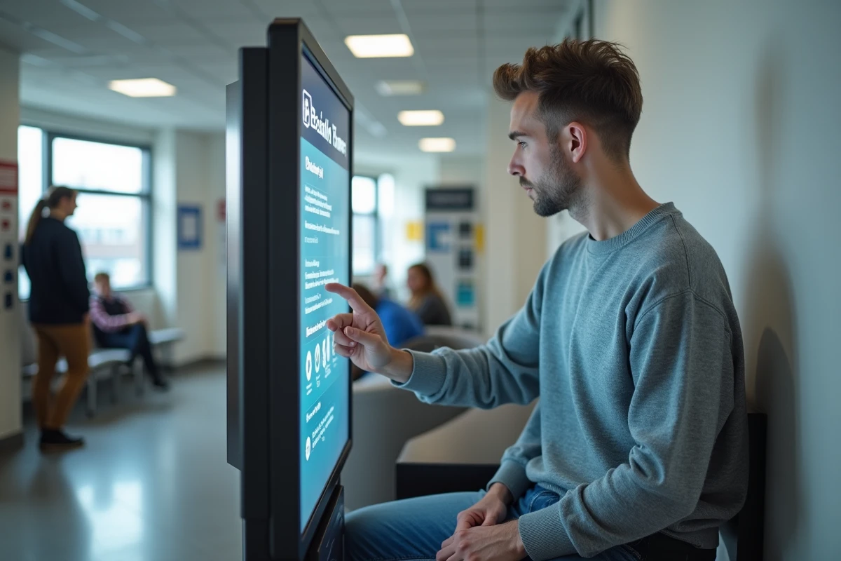 Demandeur d'emploi utilisant un kiosque numérique pour explorer les offres d'emploi et formations correspondant à ses compétences