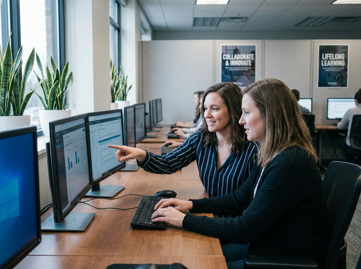 Deux femmes collaborant sur un exercice numérique en binôme dans un laboratoire de formation professionnelle participative