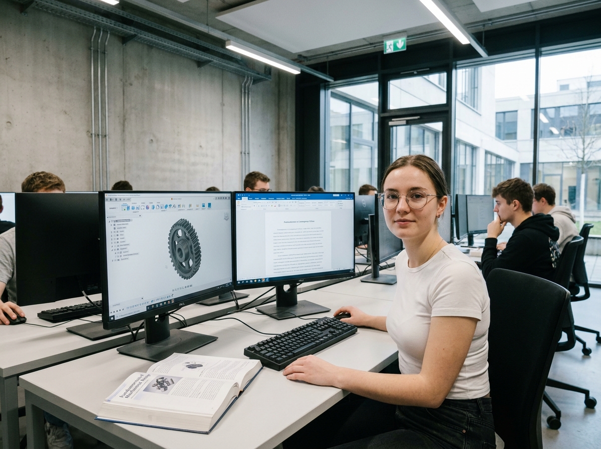 Étudiante en école de jeu vidéo travaillant sur un projet 3D et une rédaction en classe