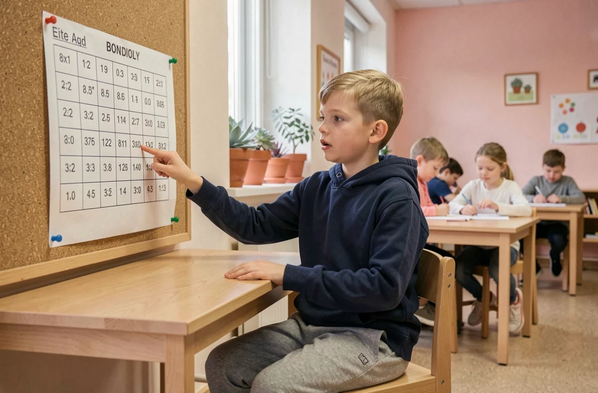 Écolier en classe Montessori pointant les cases d'un grand tableau de multiplication affiché sur un panneau de liège