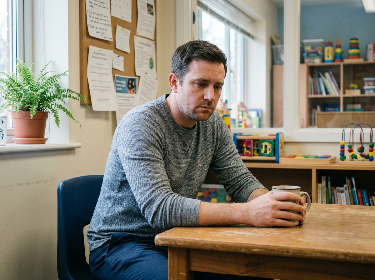 Éducateur de jeunes enfants en pause dans une salle de repos, illustrant la gestion du stress émotionnel des professionnels de la petite enfance