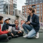 Jeune éducatrice urbaine avec enfants dans un parc