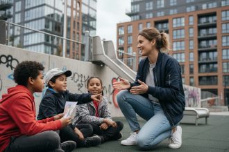 Jeune éducatrice urbaine avec enfants dans un parc