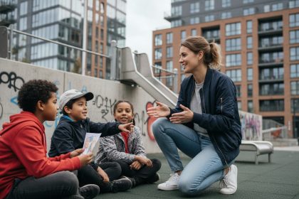 Jeune éducatrice urbaine avec enfants dans un parc
