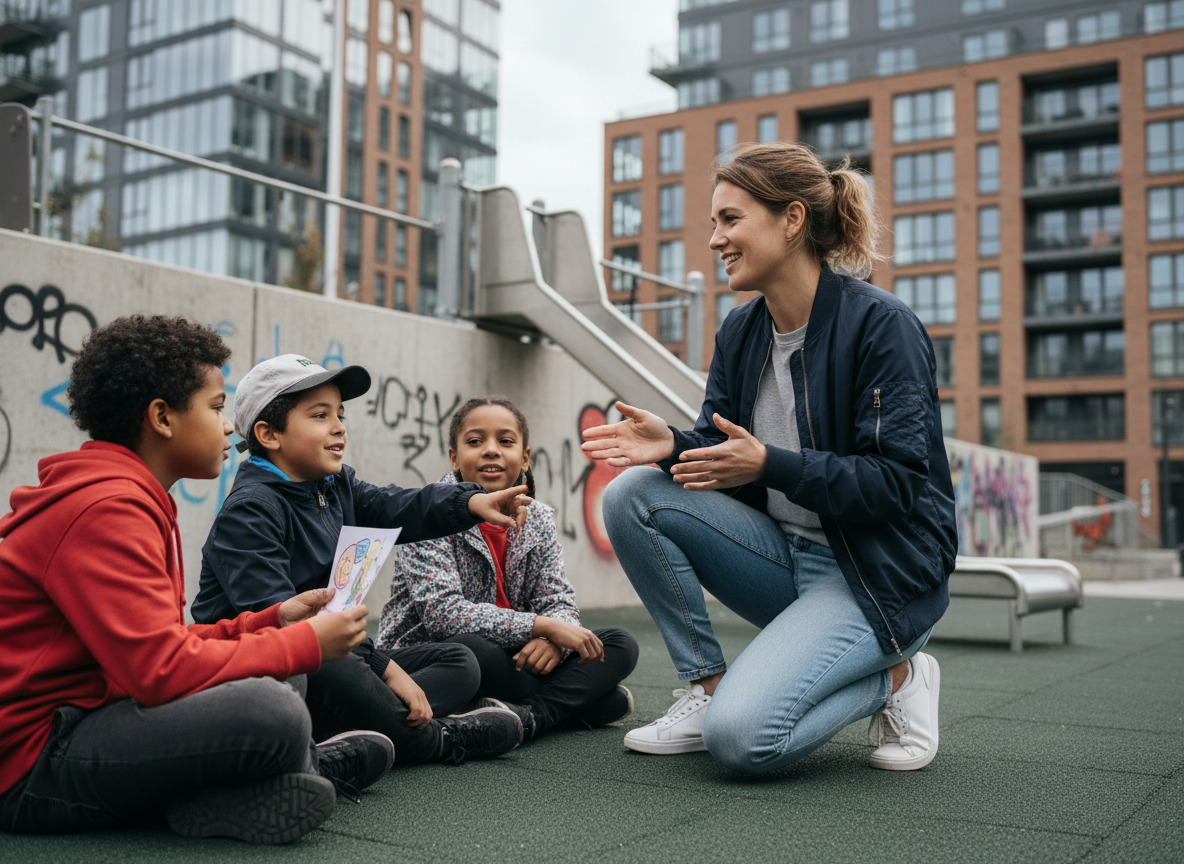 Jeune éducatrice urbaine avec enfants dans un parc