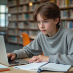 Jeune élève concentré sur son ordinateur dans une bibliothèque