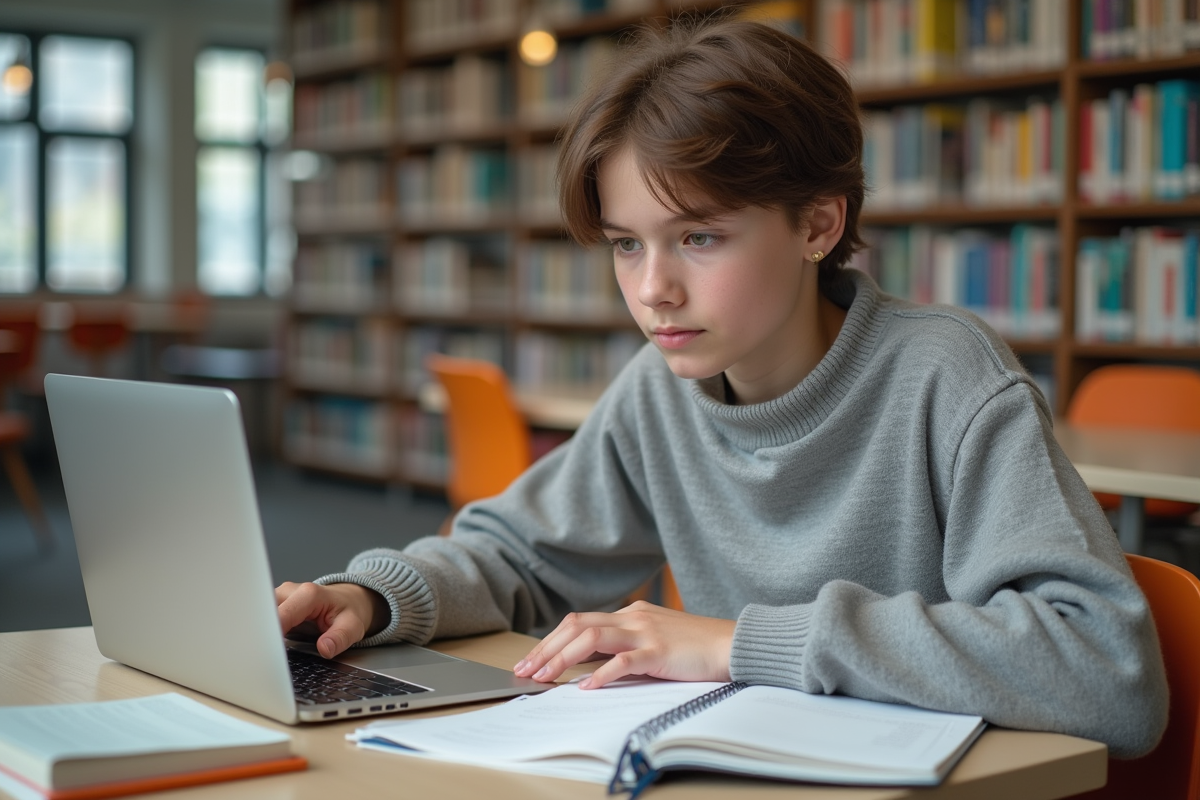 Jeune élève concentré sur son ordinateur dans une bibliothèque