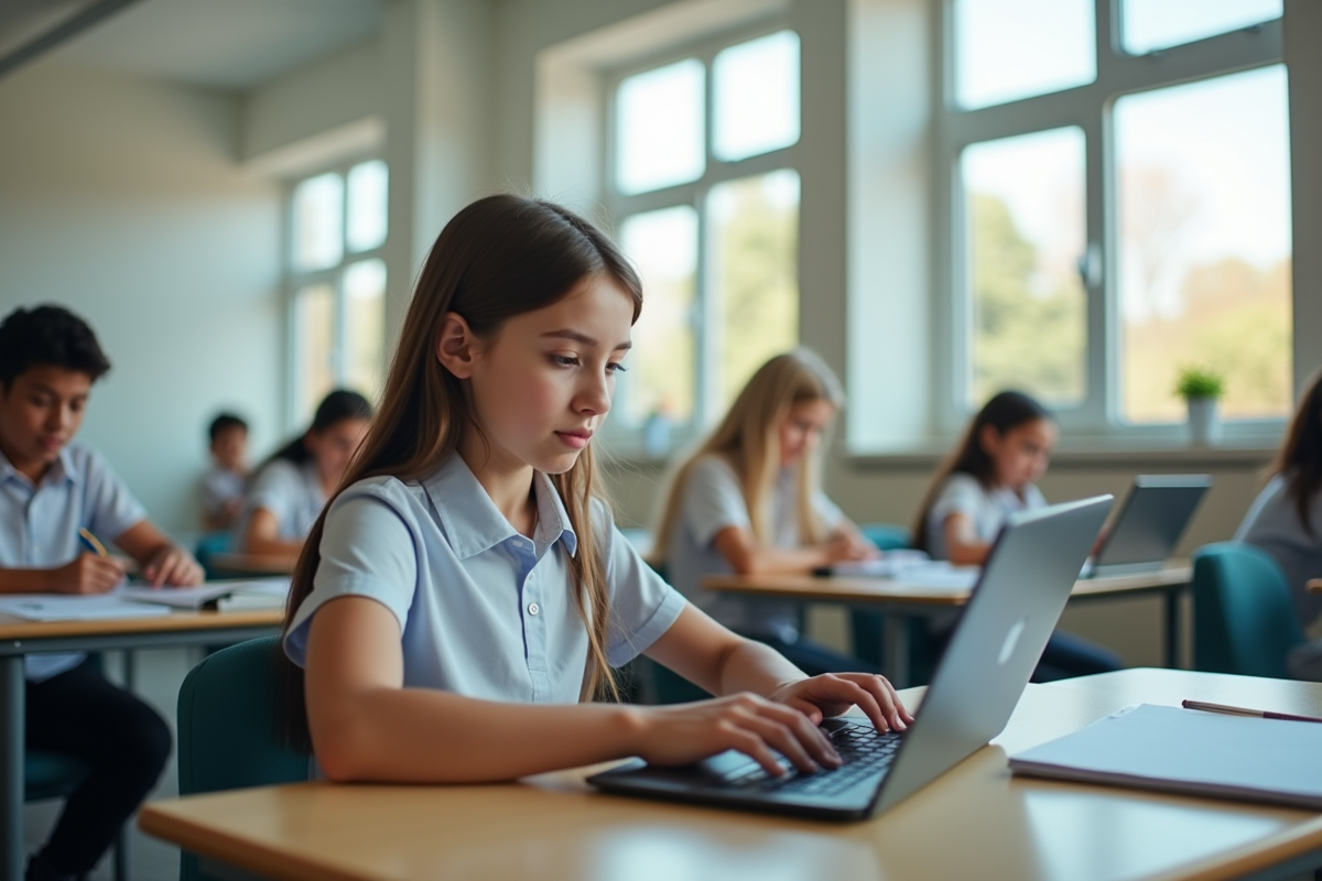 Étudiant au lycée utilisant un ordinateur dans une classe lumineuse