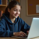 Adolescente utilisant la messagerie scolaire e-lyco sur son ordinateur portable dans sa chambre