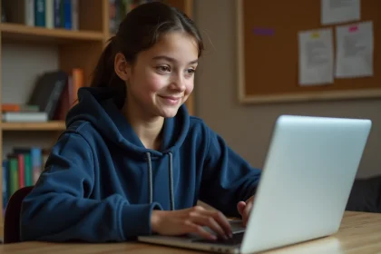 Adolescente utilisant la messagerie scolaire e-lyco sur son ordinateur portable dans sa chambre