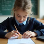 Élève de 6e mesurant les arêtes d'un cube en bois avec une règle sur un bureau scolaire pour calculer son volume