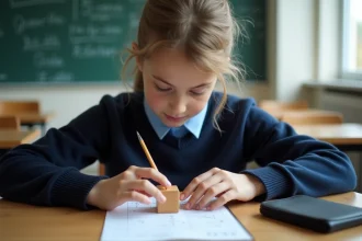 Élève de 6e mesurant les arêtes d'un cube en bois avec une règle sur un bureau scolaire pour calculer son volume