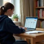 Élève de collège consultant le portail numérique ENC92 ou Oze 92 sur un ordinateur portable dans sa chambre