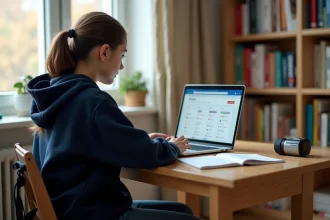 Élève de collège consultant le portail numérique ENC92 ou Oze 92 sur un ordinateur portable dans sa chambre