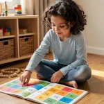 Jeune élève utilisant une table de multiplication interactive Montessori colorée posée sur le sol en bois d'un coin apprentissage à domicile