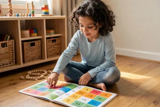 Jeune élève utilisant une table de multiplication interactive Montessori colorée posée sur le sol en bois d'un coin apprentissage à domicile