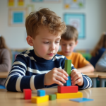 Jeune garçon empile des blocs en classe