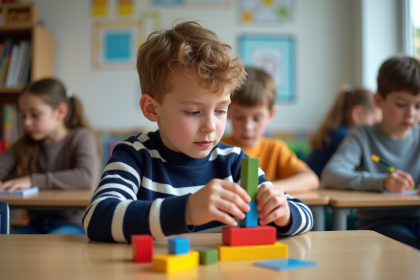 Jeune garçon empile des blocs en classe