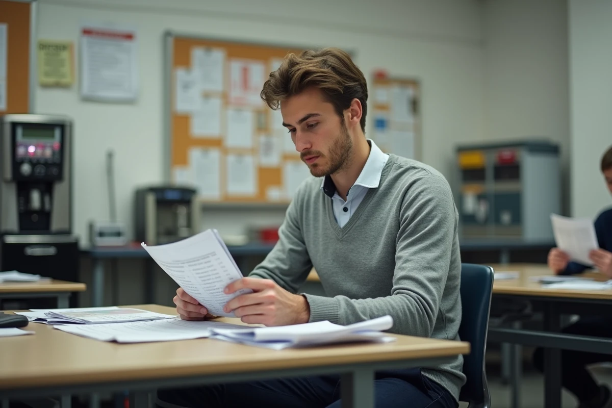 Jeune enseignant du secondaire examinant sa fiche de salaire dans la salle des professeurs, thème du salaire enseignant débutant 2026