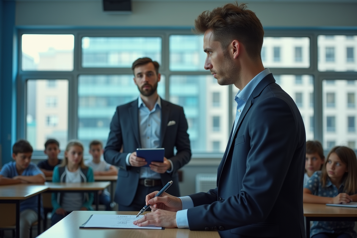 Enseignant utilisant un tableau interactif avec des élèves attentifs