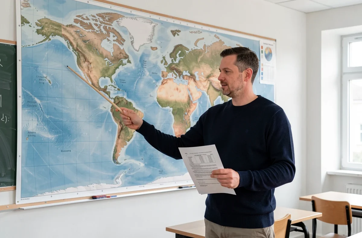 Enseignant pointant un planisphère physique mural dans une salle de classe avec un document PDF à compléter