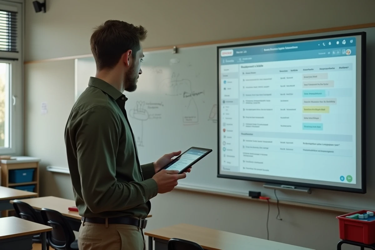 Enseignant utilisant la plateforme numérique ENC92 sur tablette devant sa classe dans un collège des Hauts-de-Seine