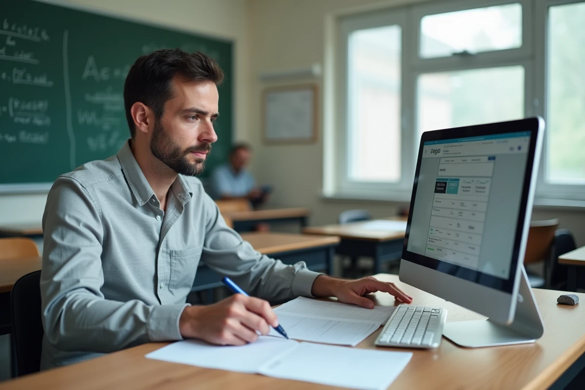 Enseignant consultant le portail de vie scolaire e-lyco sur ordinateur en classe