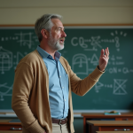 Professeur d'âge moyen en classe avec diagramme et doute