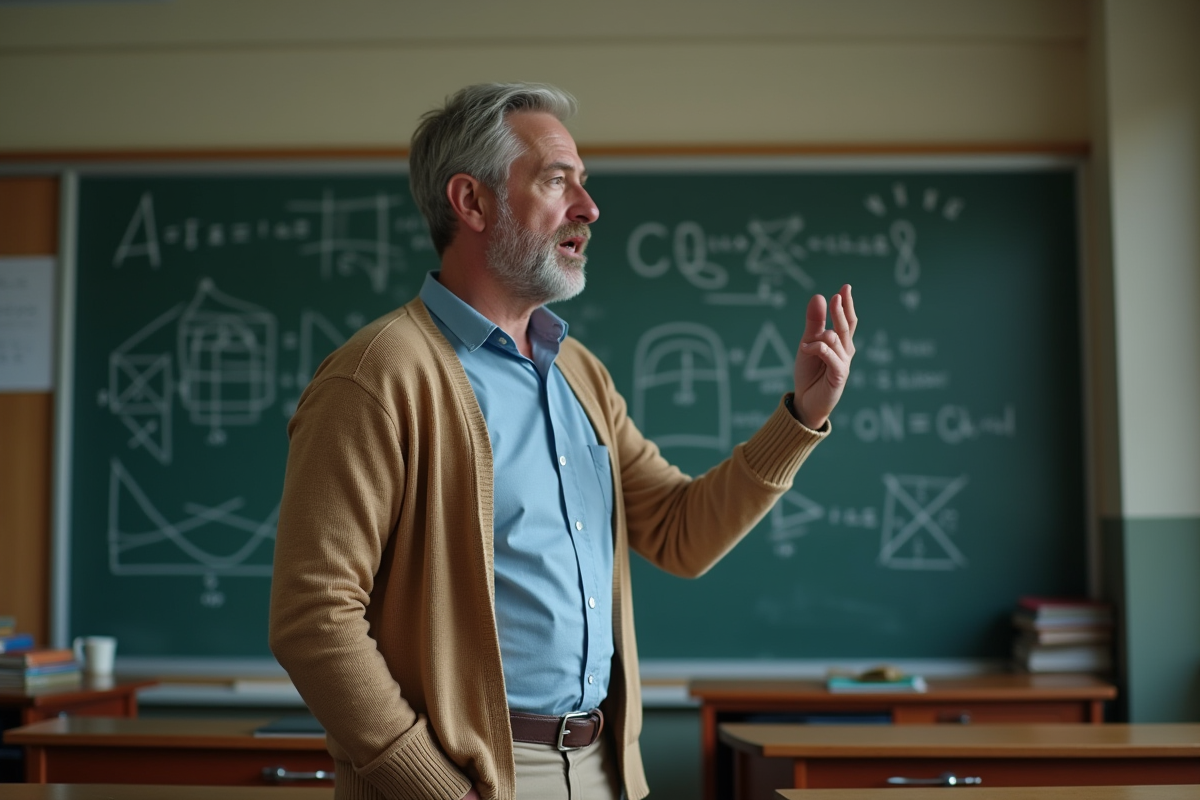 Professeur d'âge moyen en classe avec diagramme et doute